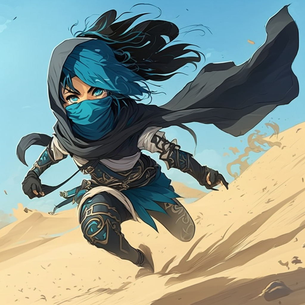 A ninja dashing through sand dunes